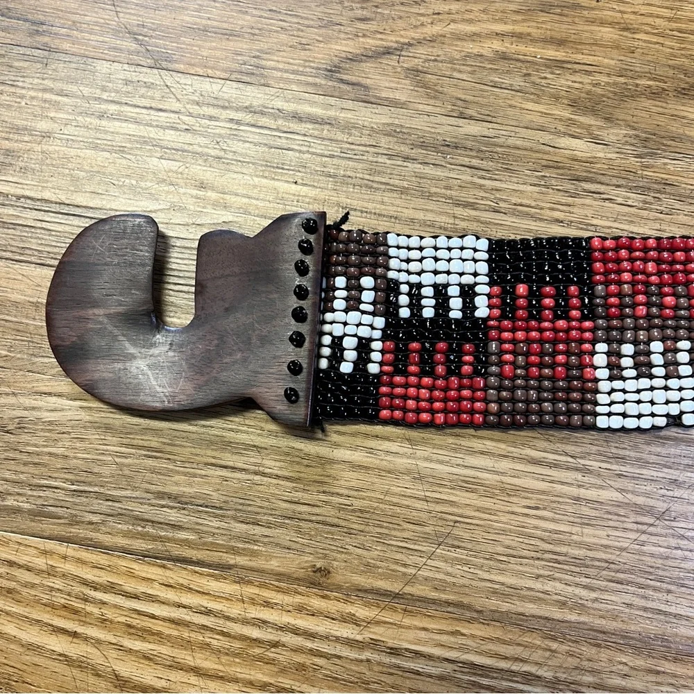 Boho Red Black Beaded Stretch Belt Wide Geometric Southwest Free People Festival